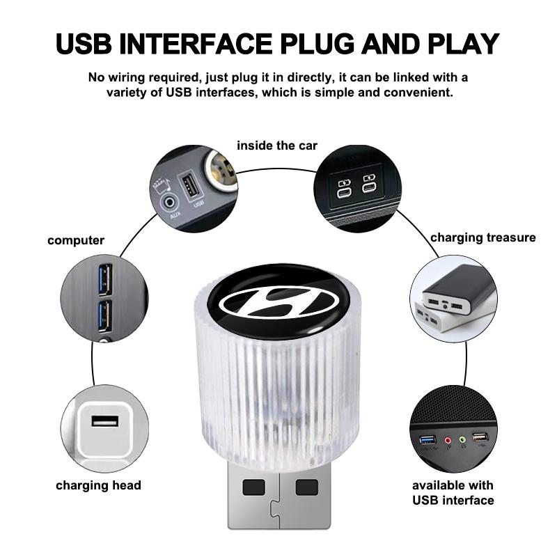 1 Pièce Lumière LED USB pour Voiture Lumière d'Ambiance Intérieure Auto Style Emblème de Voiture Pour Hyundai i30 Tucson Elantra Venue Palisade Terracan Accent Kona
