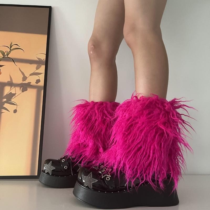 Fuzzy Faux Furs Leg Warmers Furs Heels Long Boots Cuffs Cover Has Elastic One Pair Carnivals Boot Cover Y2K JK Uniform