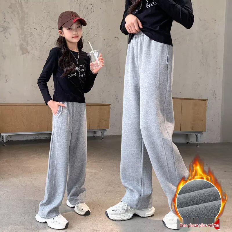 2024 Girls' Sweatpants: Velvet, Wide-Leg, Casual Sportswear for Spring & Autumn