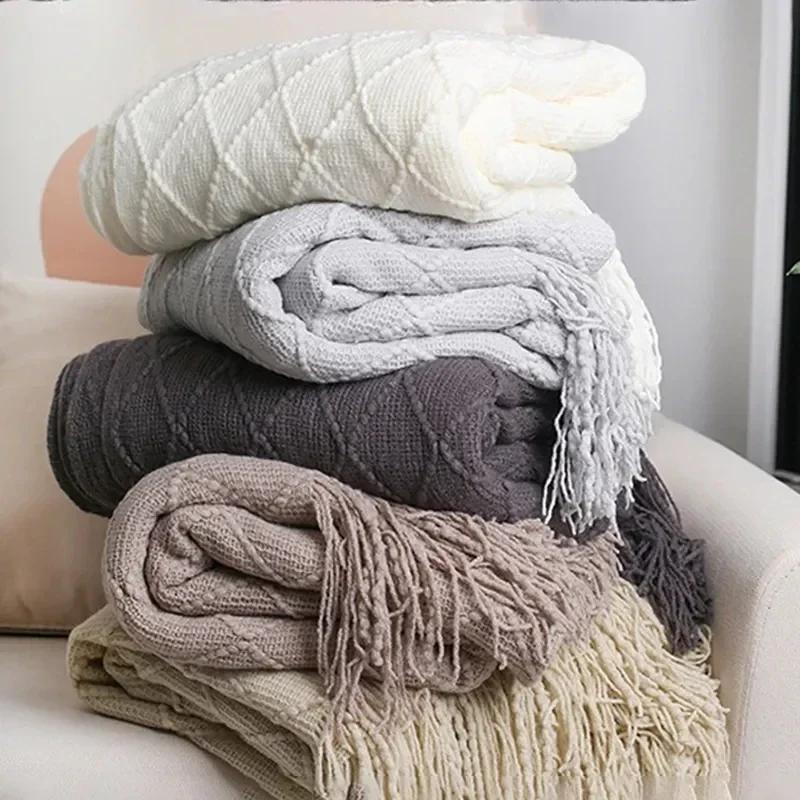 Nordische gestrickte TV-Decken Bettende Dekor Drop Shipping Schal Sofadecke mit Quasten Schal Sofa Nachahmung Fleece Überwurfdecke