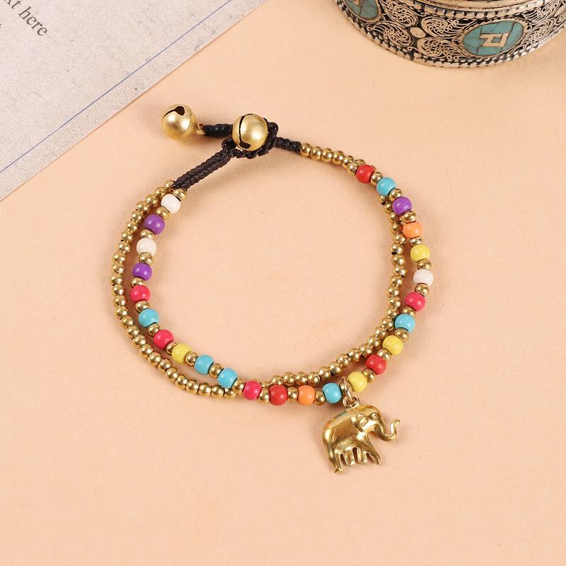 Ethnic Hand-Woven Elephant Bracelet: Bohemian Tibetan Style with Vintage Double Beads and Bell Charm for Women
