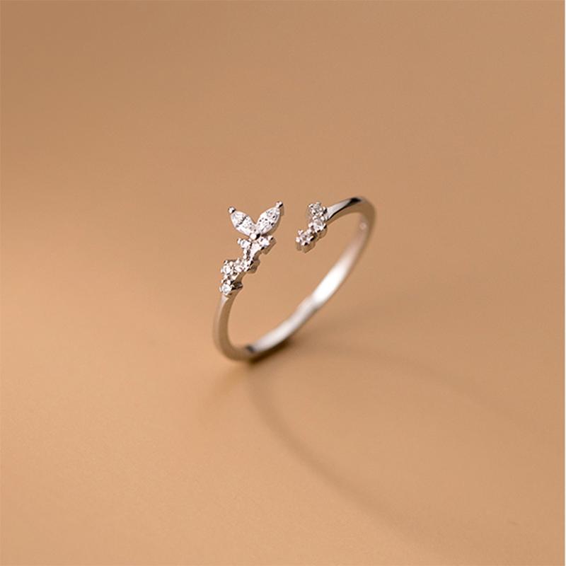 WANTME Anello Aperto Ramo Germoglio Zircone Cristallo di Lusso Argento Sterling 925 Dolce Chic Foglia per Donna Gioiello Anniversario Matrimonio