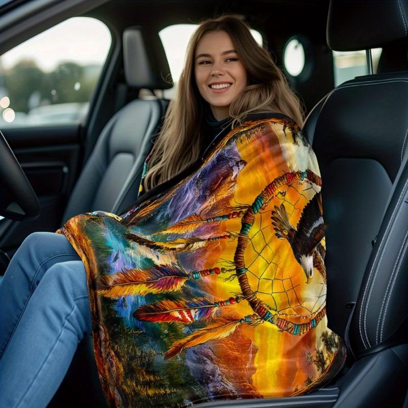 1pc Dreamcatcher Tribal Bohemian Throw Blanket - Lightweight Flannel Sofa Bedspread with Eagle Indians Teepees