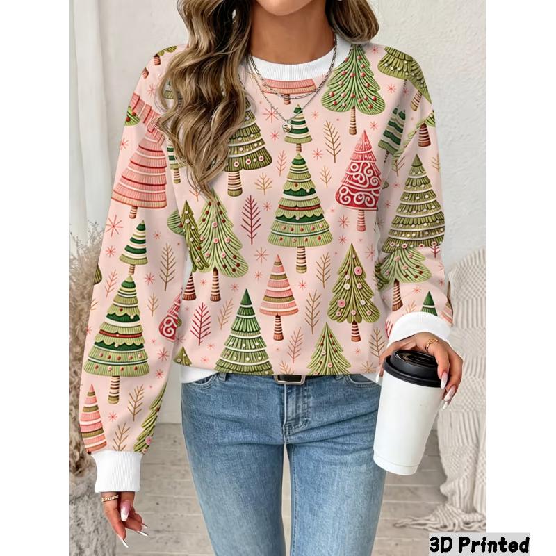 Ladies Long Sleeve round Neck Christmas Elements 3D Red Snowflake Printed Casual Sweatshirt Comfortable Hoodie