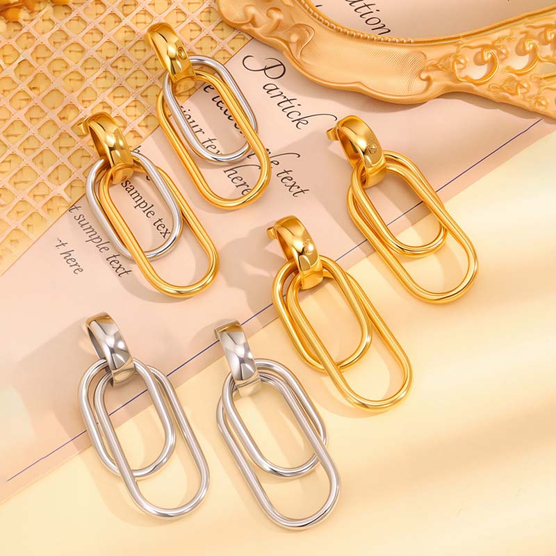 Stainless Steel Metal Double Oval Drop Earrings for Women Fashion Gold Silver Color U Shaped Geometric Earrings Jewelry Gifts