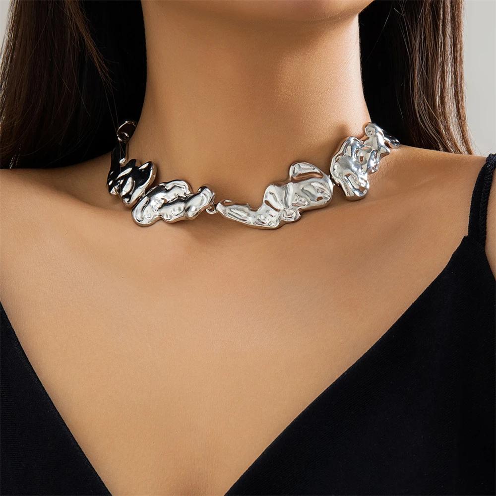 Unique Exaggerated Irregular Big Necklace for Women Creative Thick Gold and Silver Color Metal Chain Choker Fashion Jewelry Gift