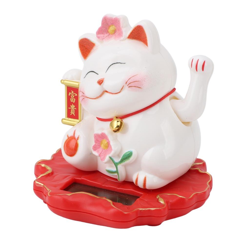 3in Solar Waving Cat Ornament ABS Light Operated Lucky Cat Decor Outdoor Porch Display Piece