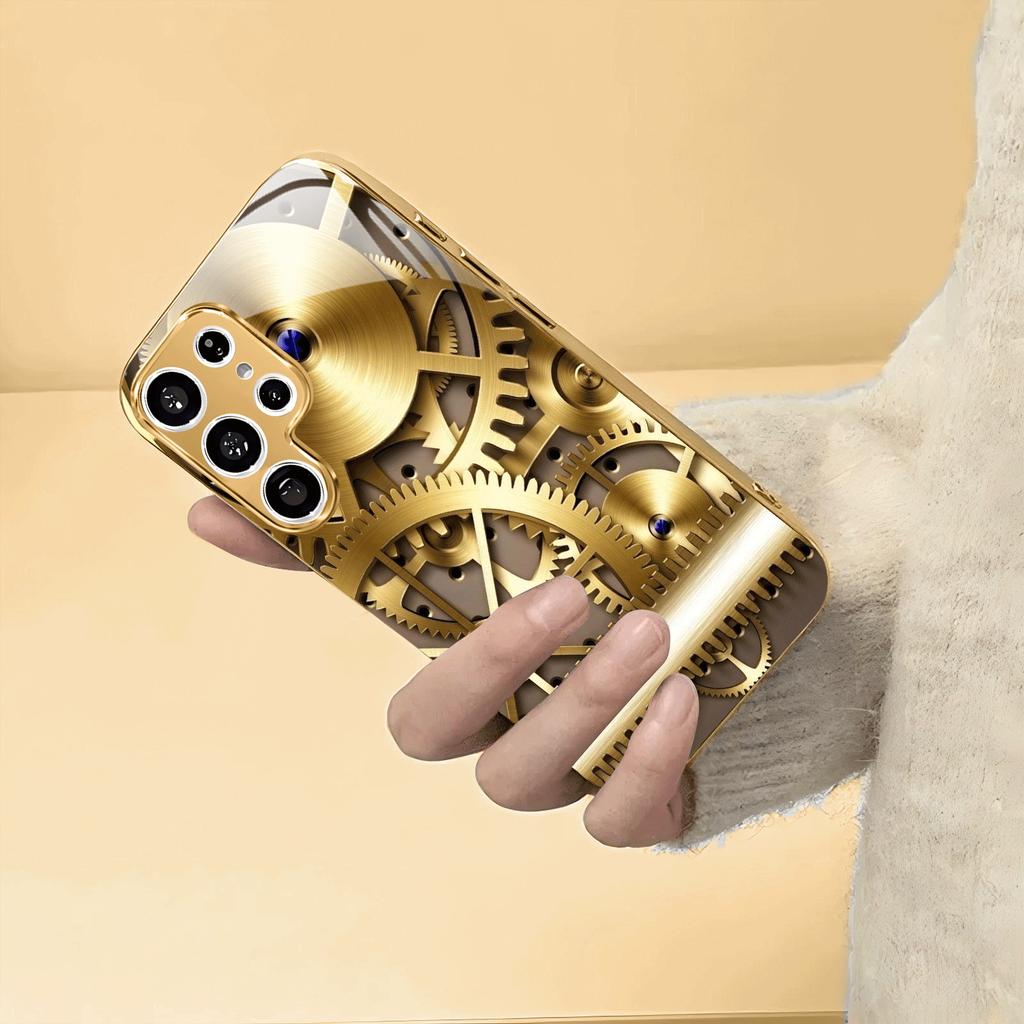 Vergoldete gehärtete Glas-Handyhülle, kompatibel Galaxy S26 S25 S24 S23 S22 Ultra Plus. Zeigen Sie sein goldenes Zahnrad-Design.