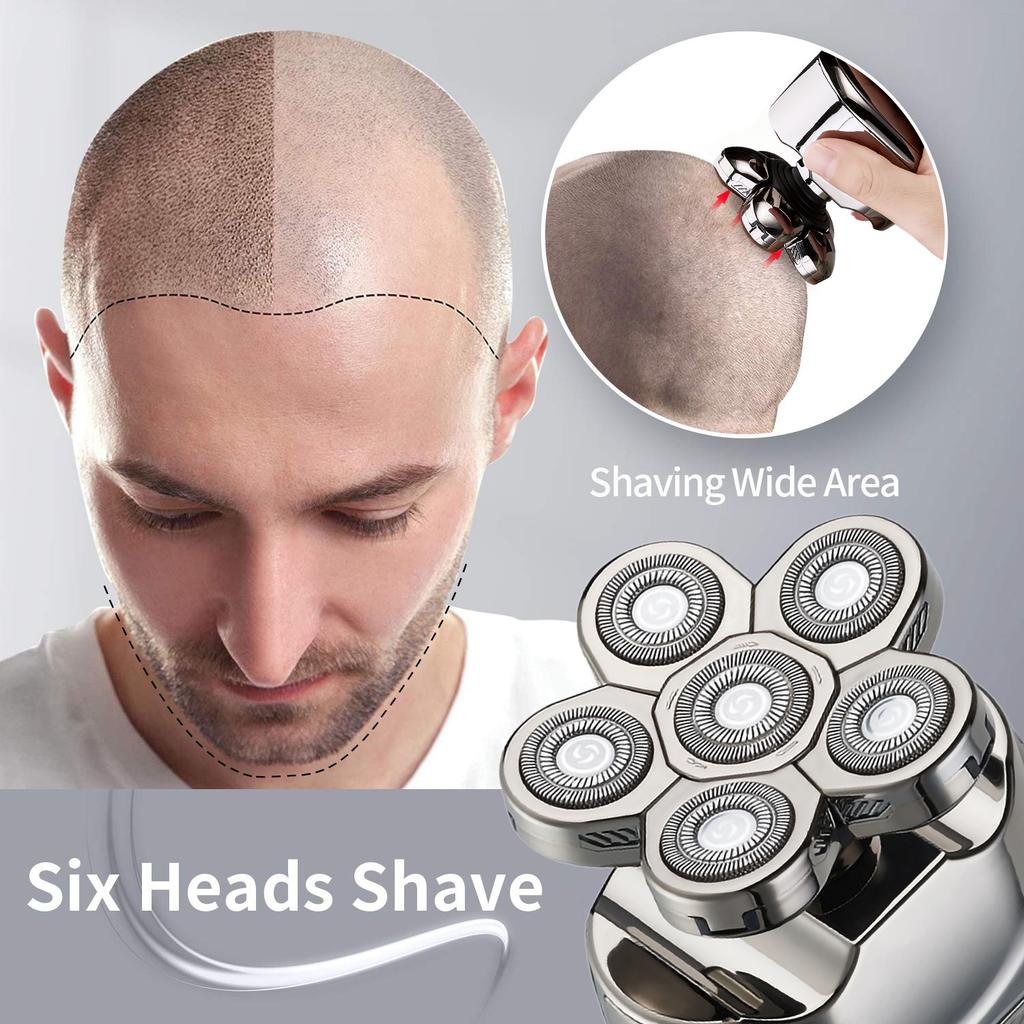 6 In 1 Rechargeable Electric Shaver 6 Floating Heads Bald Grooming Kit Shaver for Men Waterproof Wet Dry Beard Trimmer