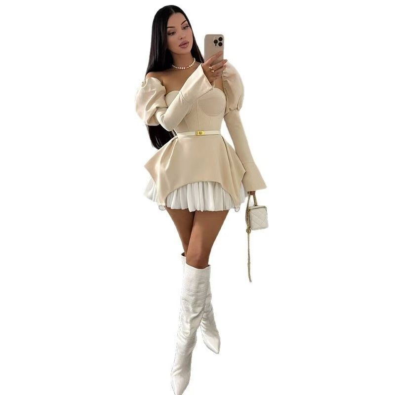 Western Style New Sexy off-Shoulder Puff sleeve Dress Irregular Bubble Sleeve Dres