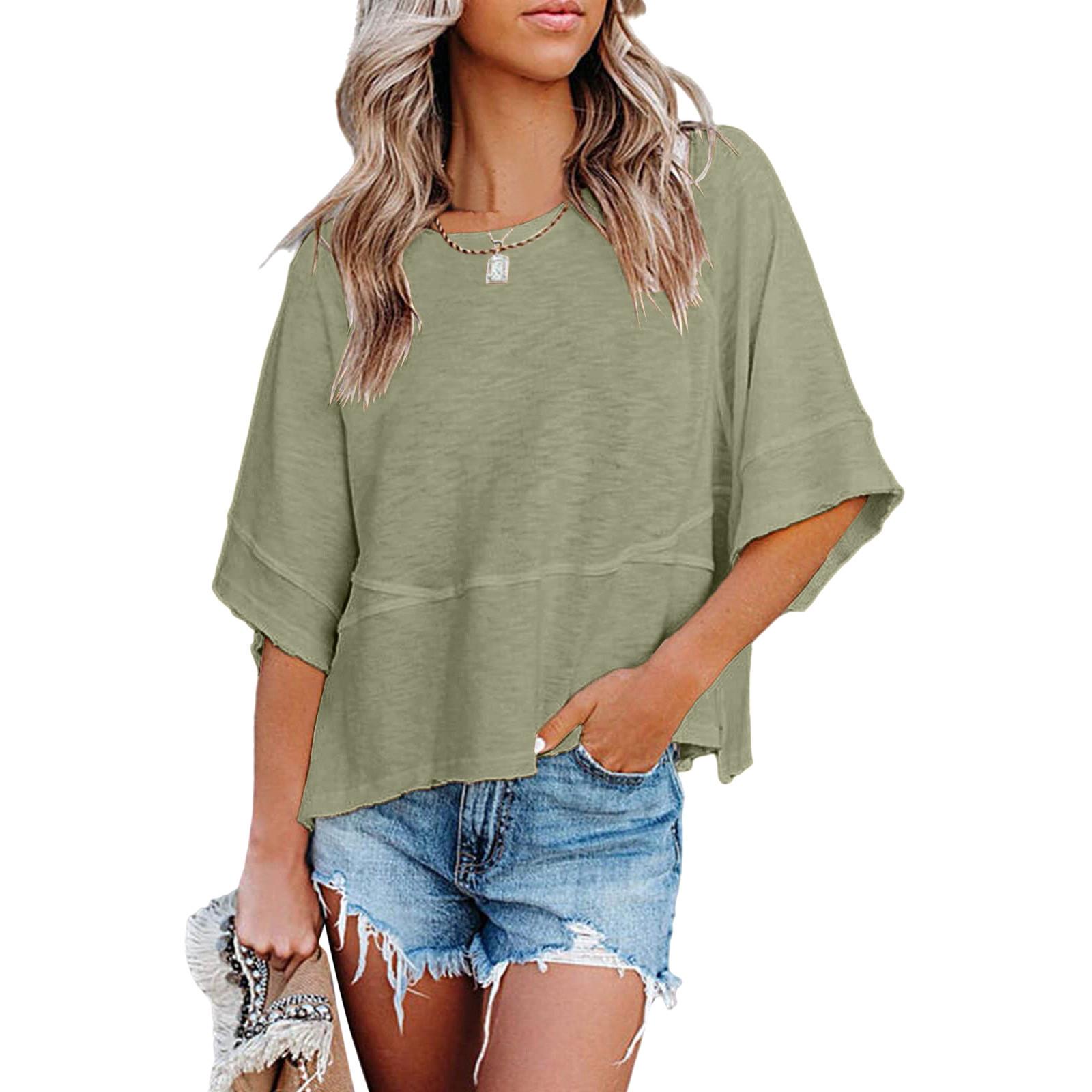 

Women s Casual Fasion Color Stitching Middle-sleeve Loose Slub Cotton T-shirt Top XXL