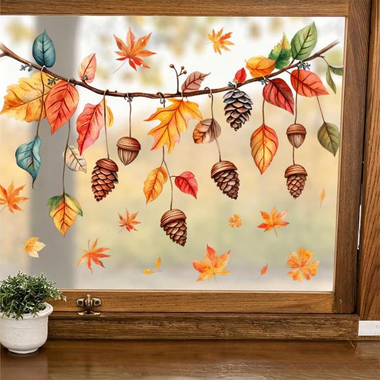 Creative Soft Decoration Gifts Autumn Maple Leaf Pinecone Scarecrow Pumpkin Static Window Clings, Waterproof PVC Indoor Outdoor Glass Decor