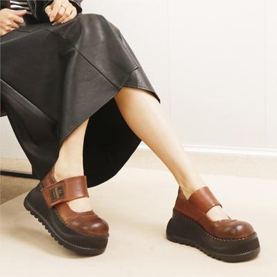 Genuine Leather Thick Soled Heightened Shoes Retro Round Toe Women's Flat Platform Shoes