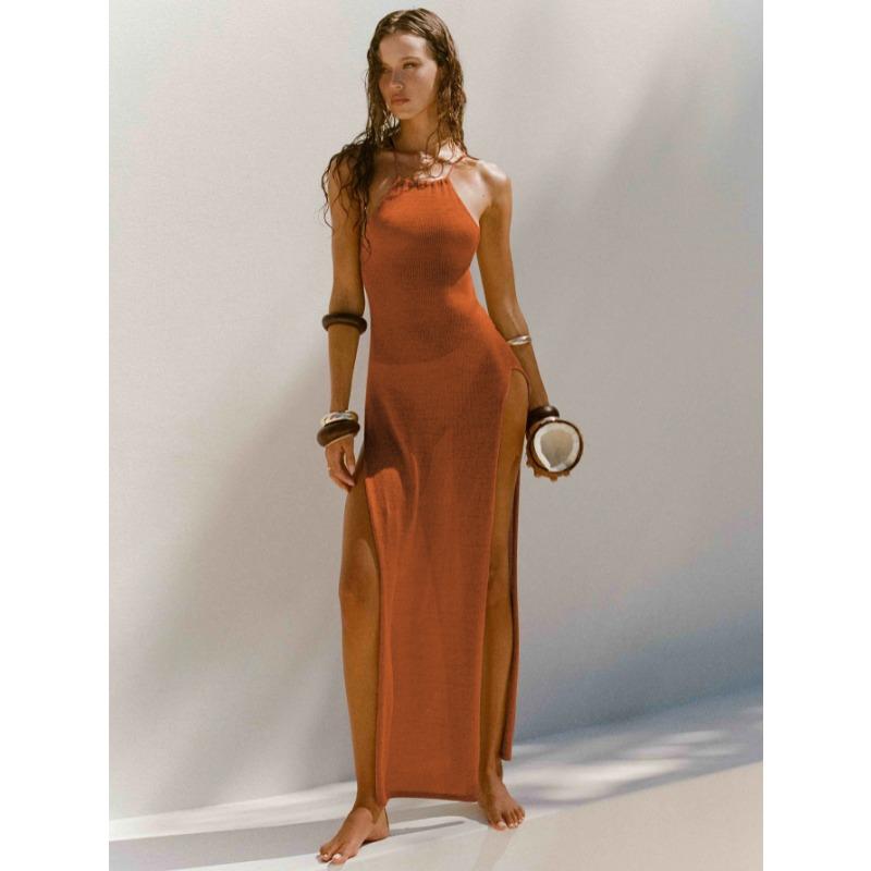 Sommer Ärmelloses Gestricktes Strandkleid Doppelseitiger Hoher Schlitz Träger Damen Sexy Lange Kleider Mode Bandage Weibliches Elegantes Kleid 116