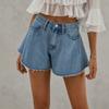 Damshorts i hög midja, lösa, denim, fransig kant, casual