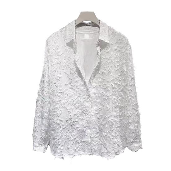 Men Shirt Long Sleeve Solid Color Fuzzy Tassel Button-down Cardigan Mid Length