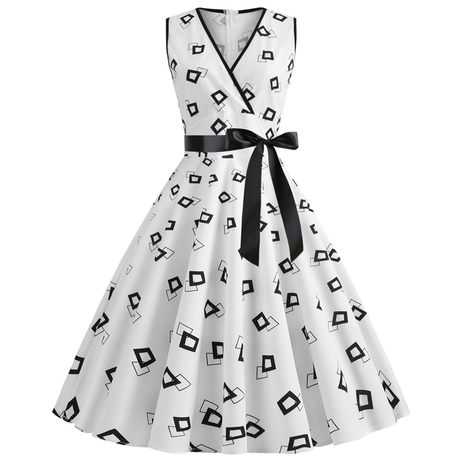 

Женское свободное платье в стиле ретро без рукавов с v-образным вырезом и принтом в горошек, черная лента на талии XXL белый