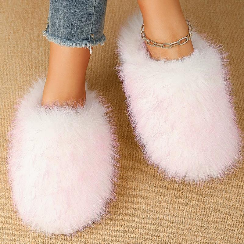 Fashion Elegant Mix Color Fur Slippers Women Winter Faux Fur Warm Indoor Plush Slides for Woman Round Toe Non Slip Cotton Slippers Lady