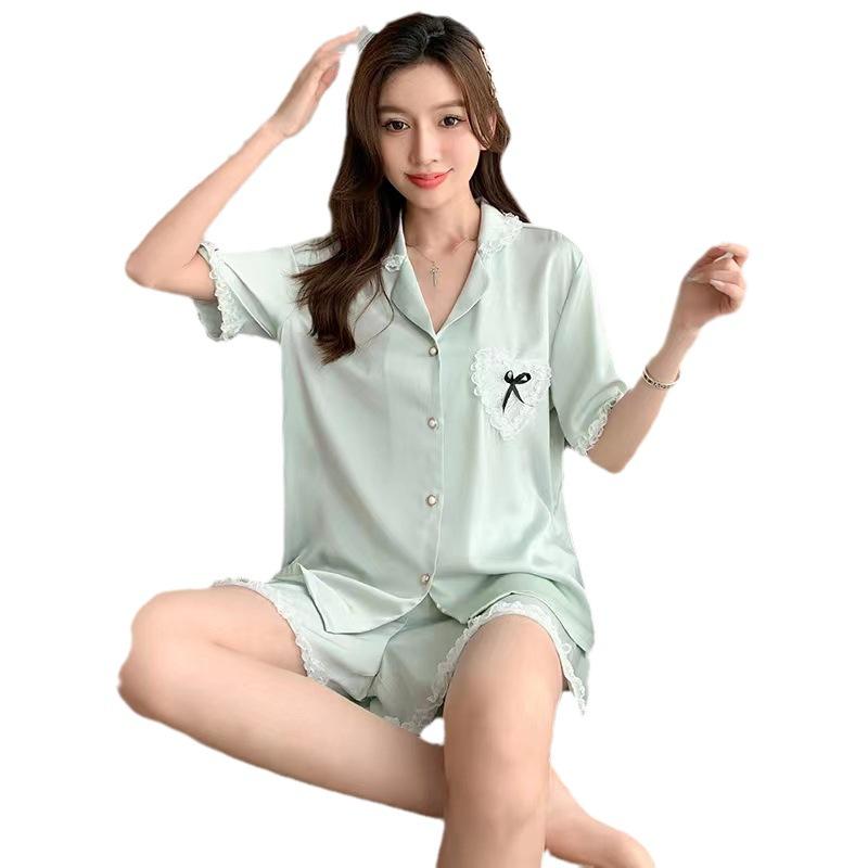 1011 new pajamas women's summer short-sleeved shorts set ice silk thin simple sweet style loungewear