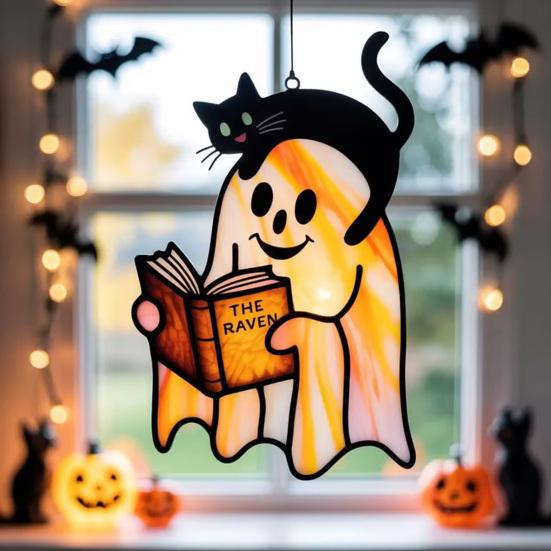Halloween Suncatcher Stained Glass Window Hanging Light Catcher Ornaments Acrylic Ghost Black Cat Craft for Wall Window Decor