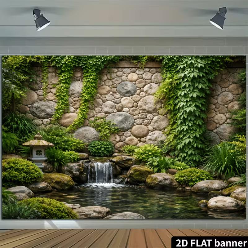 2D Serene Japanese Zen Garden Waterfall Photography Background