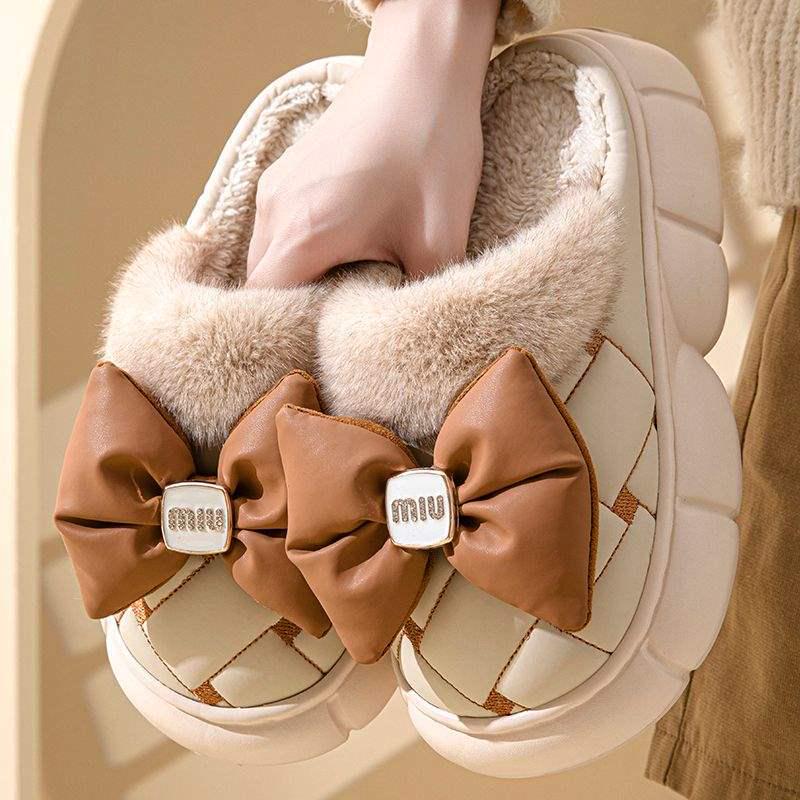 Women's Thick-Soled Waterproof Cotton Slippers - Men's Fashion, Warm Bow Style, Non-Slip for Outdoor Winter Wear.