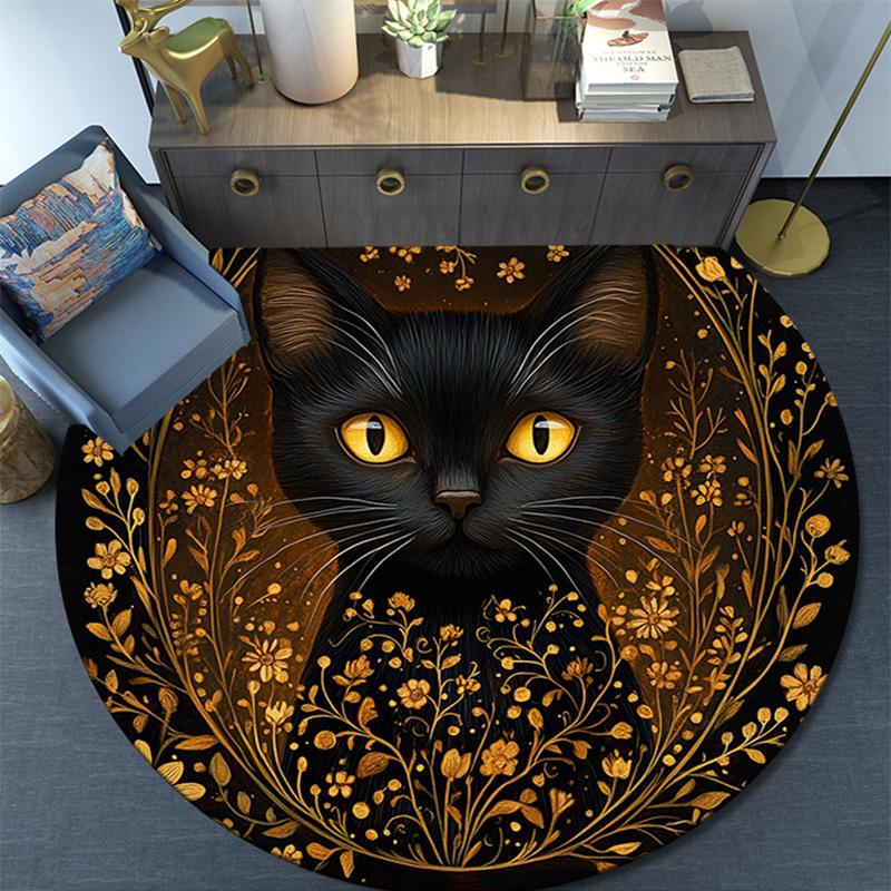 Golden Framed Black Cat Round Area Rug,Carpet Rug for Living Room Bedroom Sofa Playroom Decor,Non-slip Floor Mat