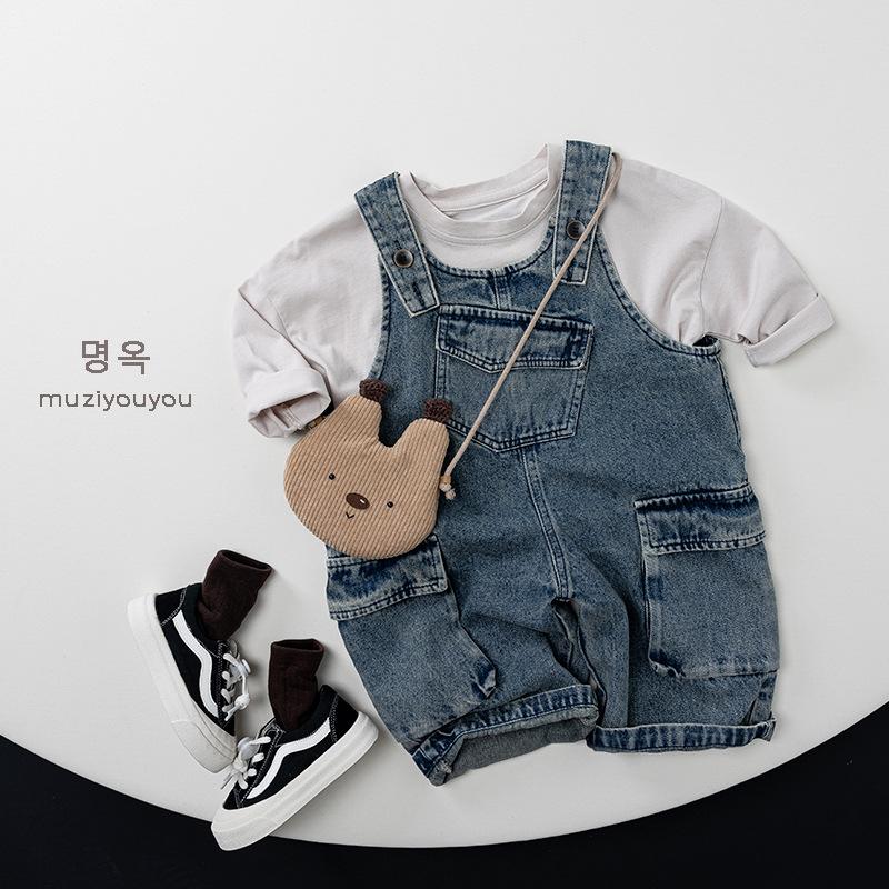 Kids Loose Casual Solid Denim Suspender Long Pants Unisex Baby Korean Style Children Clothing