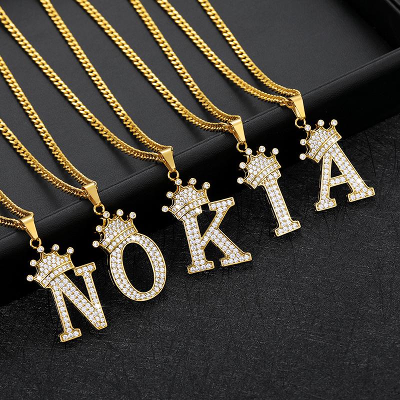 Naszyjnik z inicjałami A-Z w kształcie korony dla kobiet i mężczyzn Hip Hop Łańcuch Biżuteria Kryształ Cyrkon Wisiorek Naszyjniki Collier Bijoux