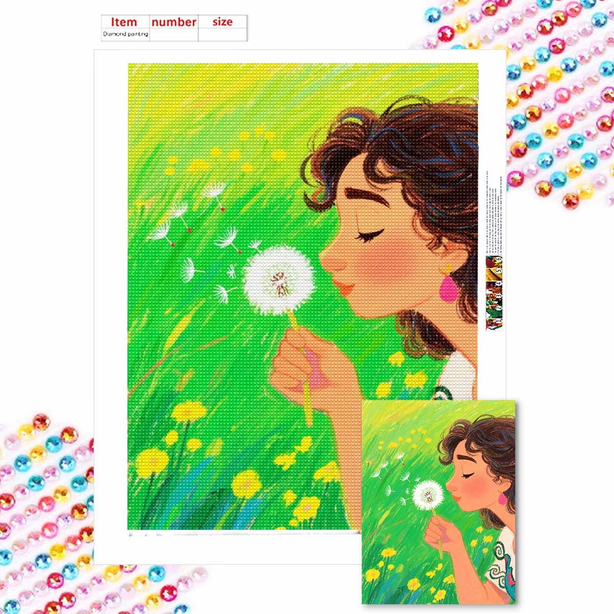 

Diamond Mosaic Colorful Diamond Painting Dandelion and The Girl Full Round Embroidery Cartoon Creative Hobbies Wall Decor Round 20x30cm