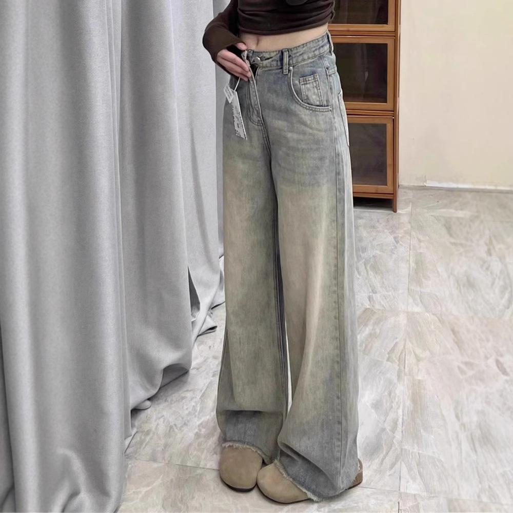 Plus Size Vintage Washed High Waist Wide-Leg Jeans for Women - Loose Fit, Raw Hem, Floor-Length, Trendy Spring/Autumn 2024.