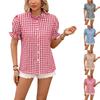 Camisa Casual de Mujer con Botones Manga Corta Cuello Redondo Cuadros Tartán Blusa Ligera Top de Verano