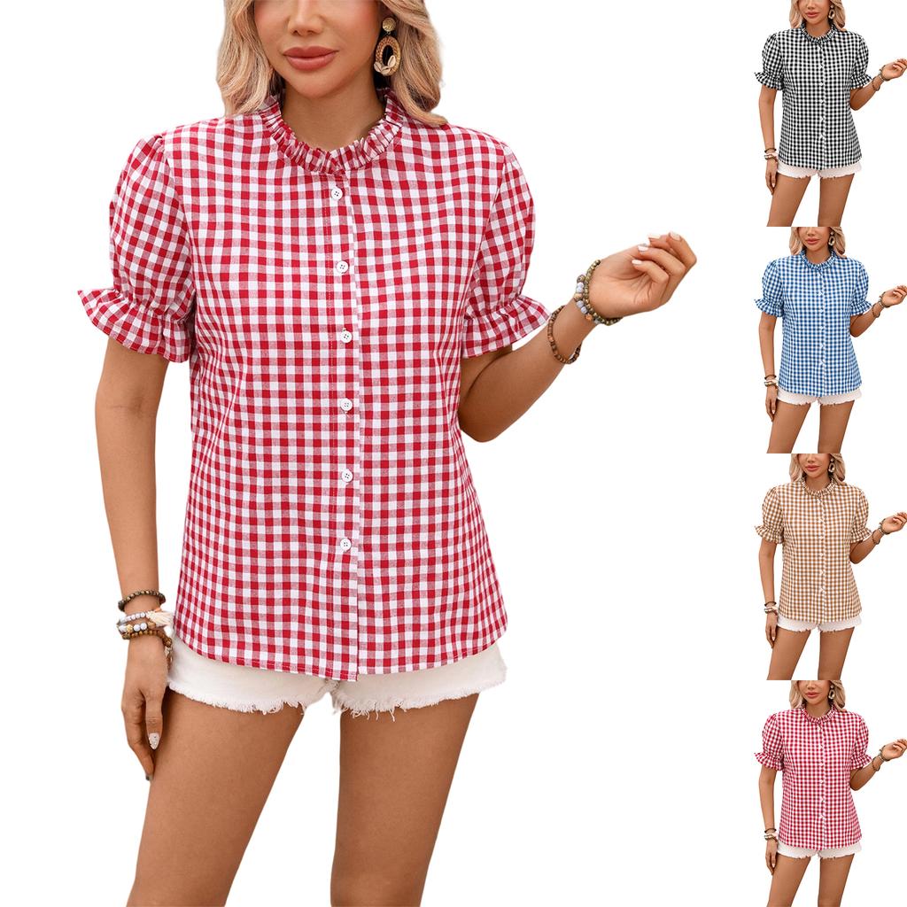 Women Casual Button Down Shirt Short Sleeve Round Neck Plaid Checkered Blouse Lightweight Summer Top