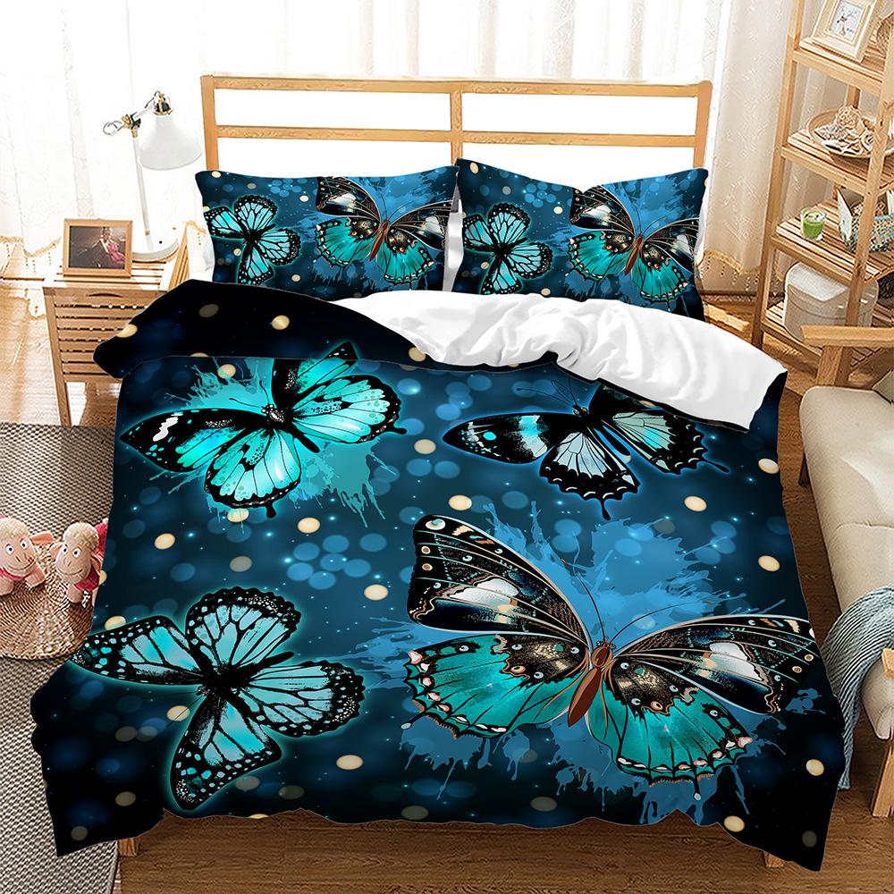 3D Butterfly Bedding Set Bedroom Quilt Cover Pillowcase Double Bed Full Size Bedspread Set Washable Zipper Comfortable Home Decoration