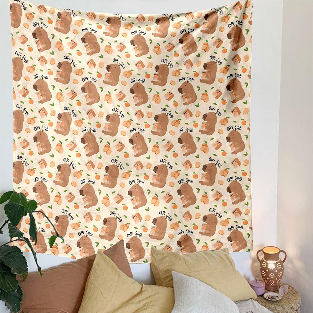 Cute Capybara and Food Pattern Design Patterned Tapestry Decorative Wall Hanging, Home Bedroom Living Room Decor