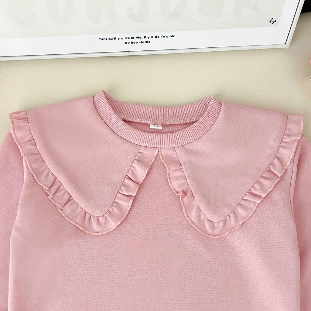 Korean Style Girls' Large Lapel Sweatshirt & Bell Bottom Pants Set - Trendy Children's Two-Piece Outfit