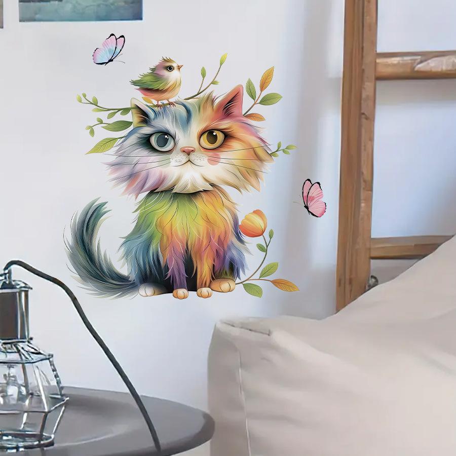 Cartoon Watercolor Cat Bird Butterfly Wall Stickers, Self-Adhesive Decor for Bedroom Kids Room Kitchen Decoration