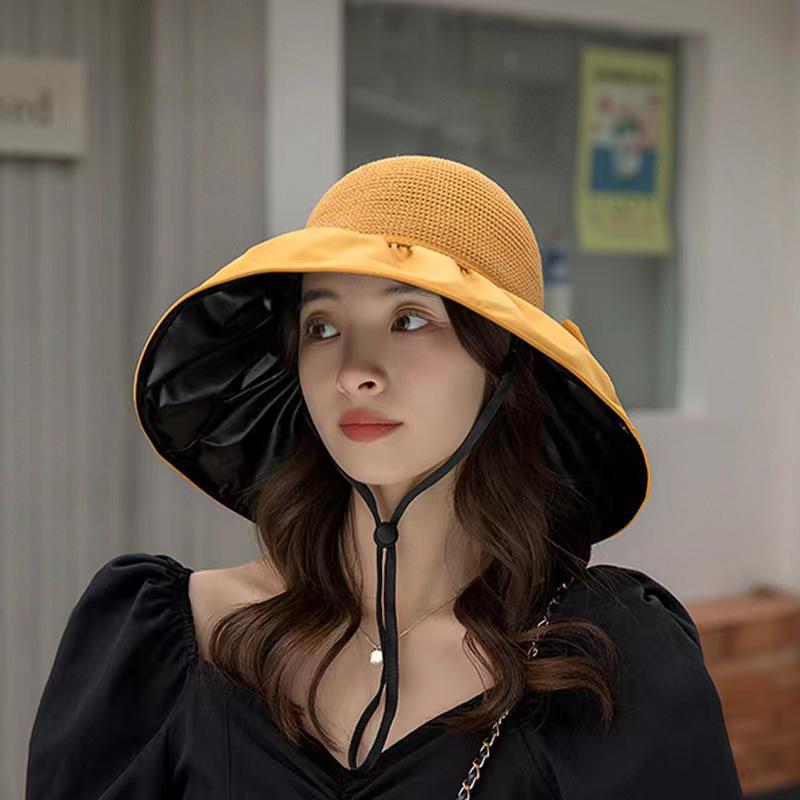 Korean-Style Women's Wide Brim Sun Hat with Bow and Face Mask - Versatile Outdoor UV Protection Hat for Adults