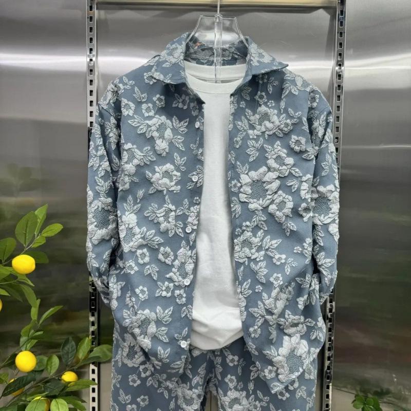 Men's Autumn Embossed Print Casual Shirt and Pants Set