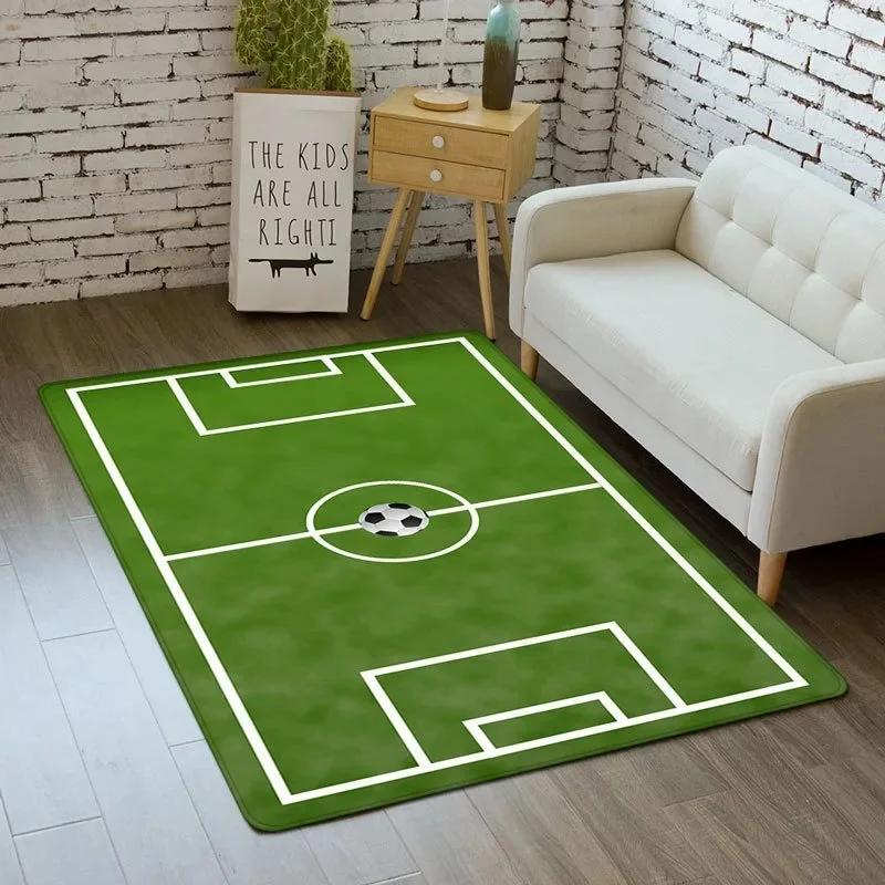 Sporty Football Pitch Floor Mat Non-Slip Washable Carpet for Living Room or Boy's Bedroom Vibrant Rug for Sofa Area Decor