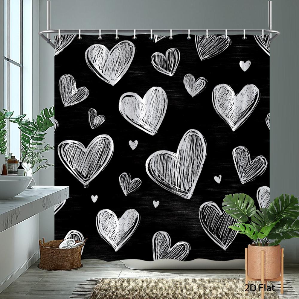 1Pc Black And White Heart-Patterned Shower Curtain, Polyester Fabric, Machine Washable, Suitable For Bathroom Dcor.