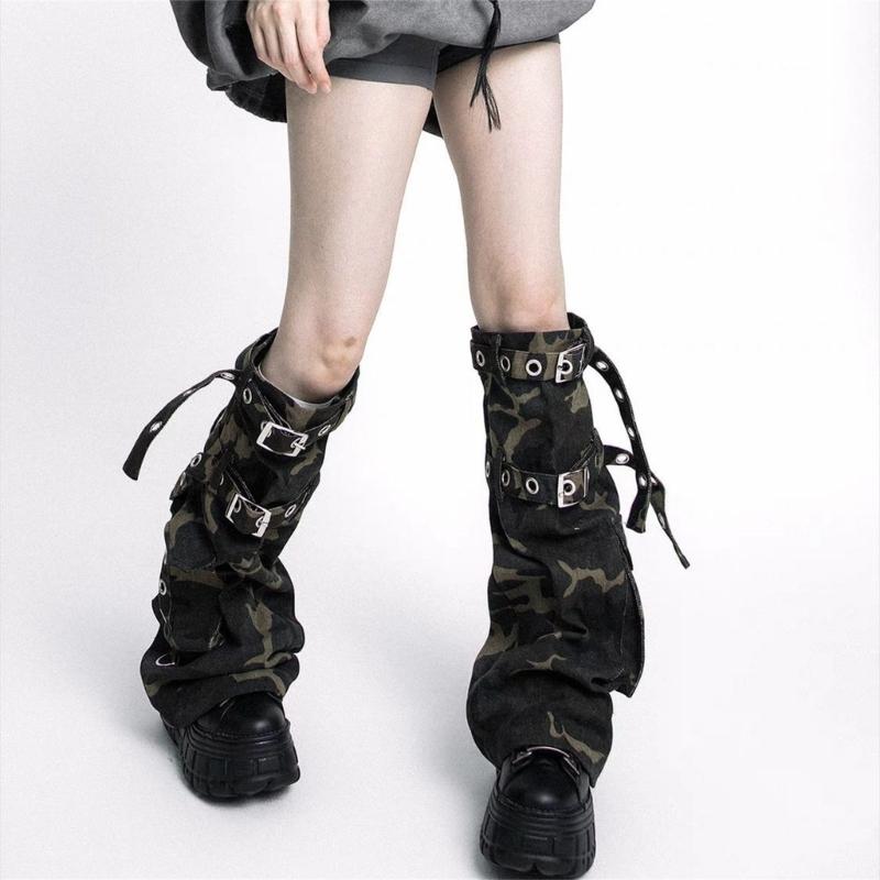 Womens Harajuku Punk Camouflage Denims Flared Leg Warmer Buckled Eyelets Straps Cargo Leg Cover Stockings Streetwear