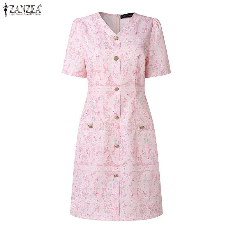 ZANZEA Women Elegant Print Casual V-Neck Summer Short Sleeve Dress