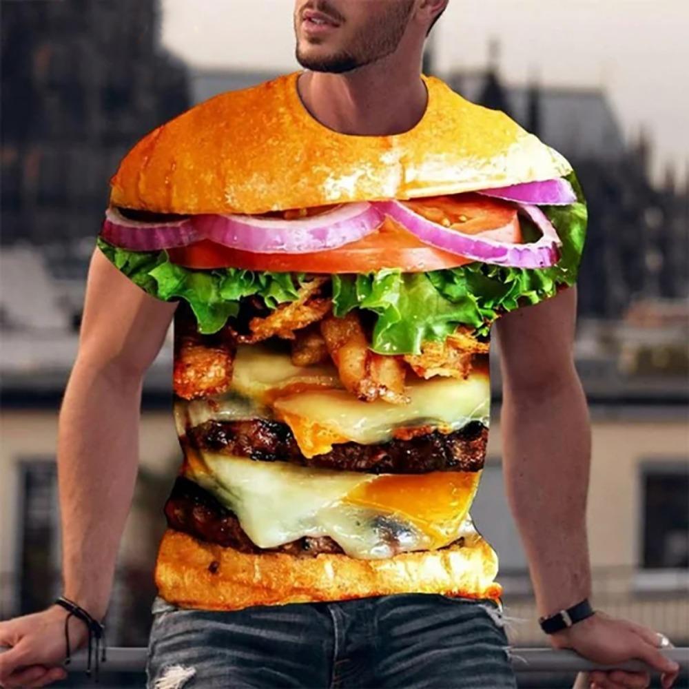 Lustige T-Shirts Hamburger Essen 3D-Druck Streetwear Herrenmode Übergroß Kurzarm T-Shirt Tees Tops Herrenbekleidung