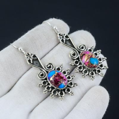 Boucle d'oreille King Man Nacre Rose Épineuse Dahila Turquoise, Boucle d'oreille Ovale Argent Sterling 925, Boucle d'oreille Pierre de Naissance, Boucle d'oreille Femme