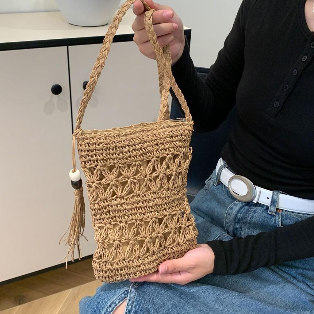Stylish Summer Woven Straw Bag For Women Casual Hollow Design Bucket Beach Tote Khaki