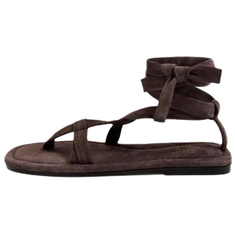 Zara Limited Edition Sheepskin Leather Open Toe Vintage Strap Flat Sandals Women sandals Brown 4600610700