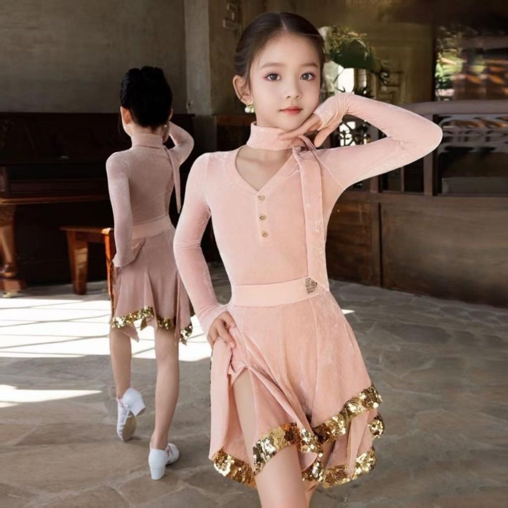 Latin dance clothing women latin american dance dress pink long sleeve girl stage costume velvet line dance clothing dance wear