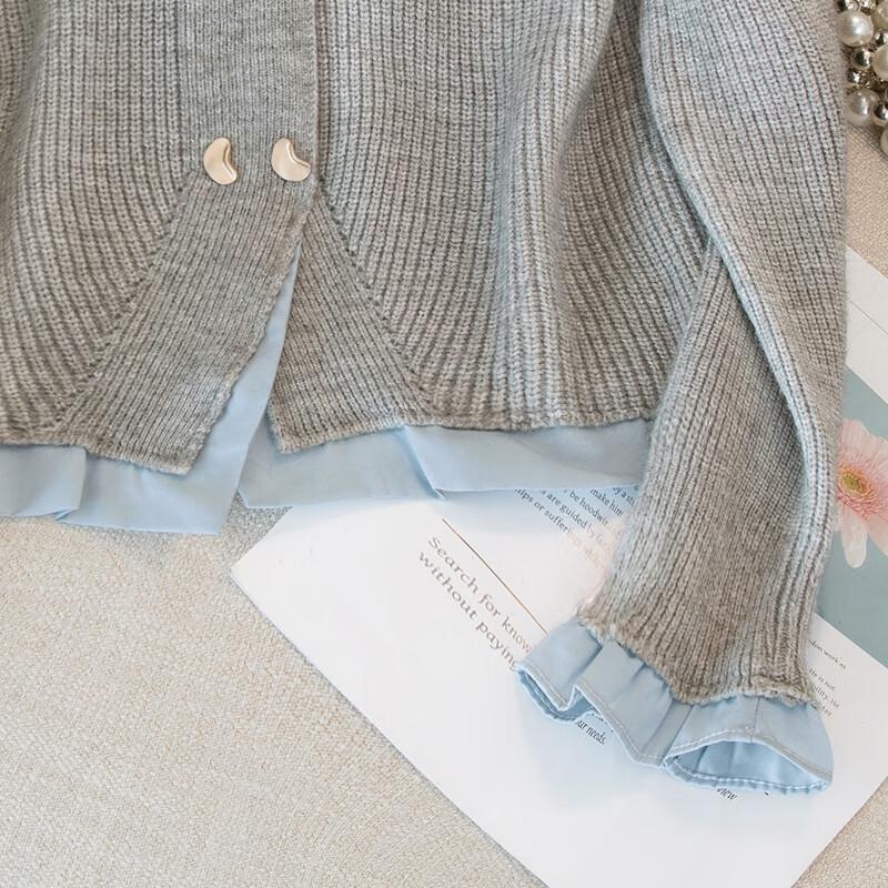 Sibaishe Damen Faux Zweiteiliges Color-Block Revers Strickoberteil