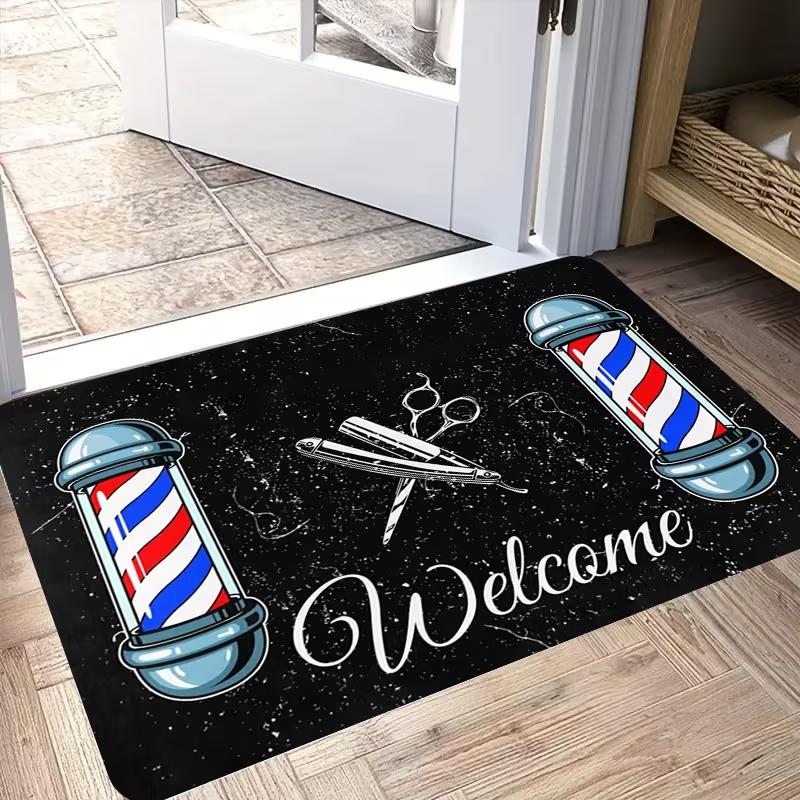 Vintage Barber Shop Welcome Mat Suitable for Commercial Decoration Entrance of American Hair Salons, Vintage Barber Shop Carpet